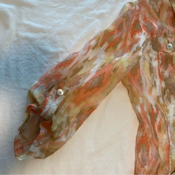 NWOT Sheer Peach Tan White Blouse Jkt Button Pocket Flattering Fit Ruby Rd SZ 12 - Picture 7 of 13